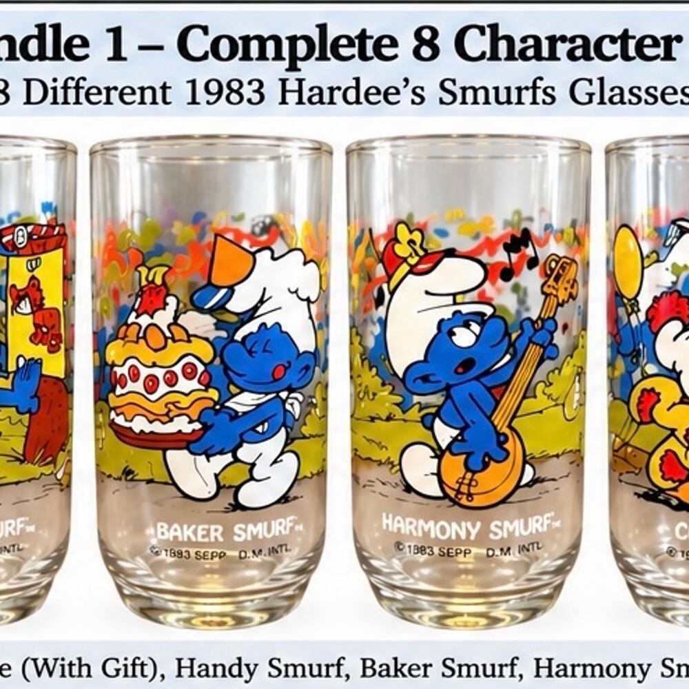 Vintage Hardee’s Smurfs Glasses Lot of 8 1982 1983 Peyo Collector Tumblers